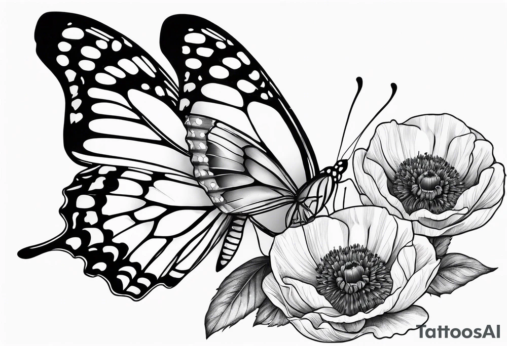Butterfly with poppy flowers as the top wings tattoo idea