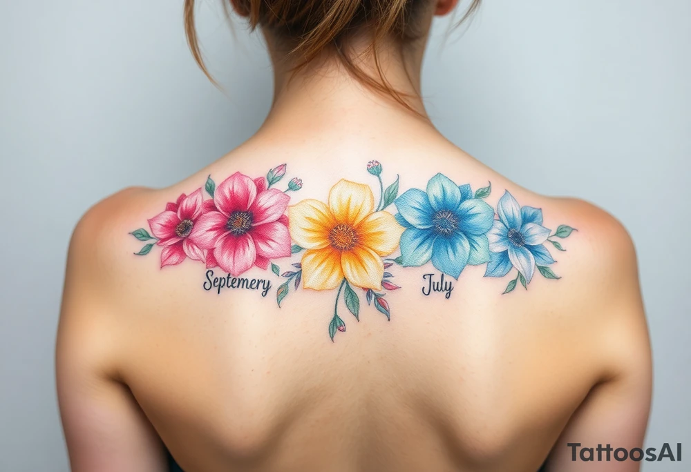 Looking for a cover-up tattoo with birthday month flowers pastel colors for months September, January, June, May, and July. tattoo idea
