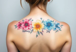 Looking for a cover-up tattoo with birthday month flowers pastel colors for months September, January, June, May, and July. tattoo idea