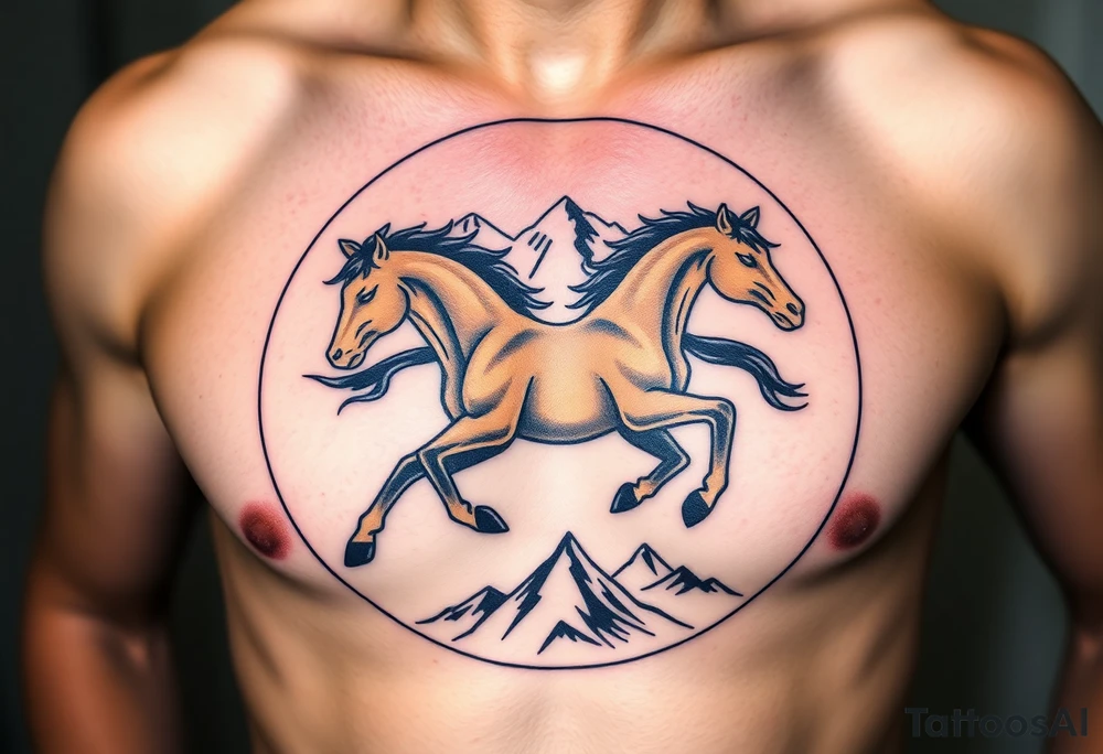 A golden mustang horse with black hair and legs in a circle where the mountain or nature is its contour to accompany the animal in full movement, running like a soul leading the devil. U can mix the mountains with the back haird black of the horse. tattoo idea