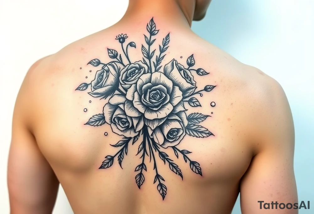vintage bouquet of wild roses and meadow flowers with morning dew tattoo idea