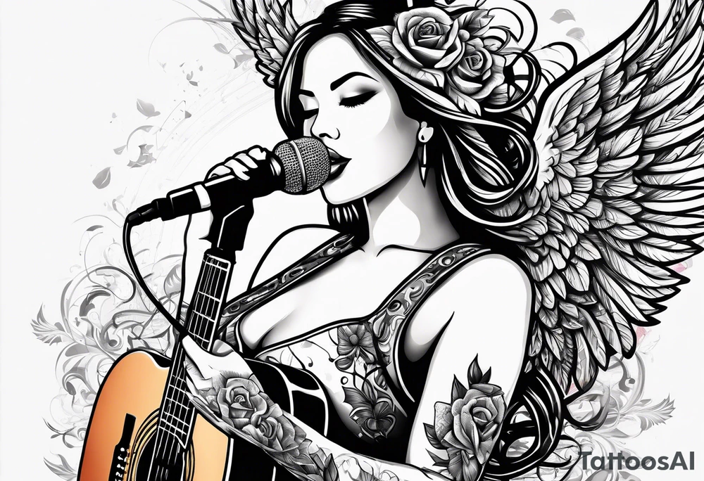 Microphone and musical notes and guitar and wings and female tattoo idea