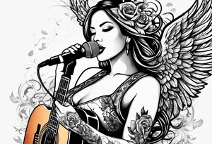Microphone and musical notes and guitar and wings and female tattoo idea
