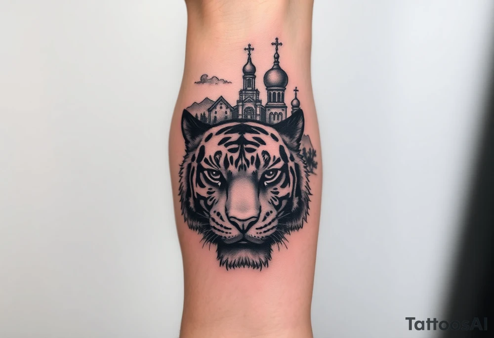 in a dorsal view of the hand and forearm a tiger face on the hand with black hollowed eyes, then above this a orthodox church shrouded with a mist and fading into a virgin mary overlooking tattoo idea