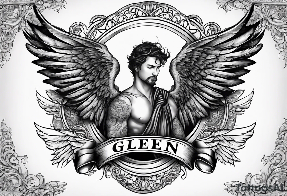 The word Glenn on a banner with angel Wings tattoo idea