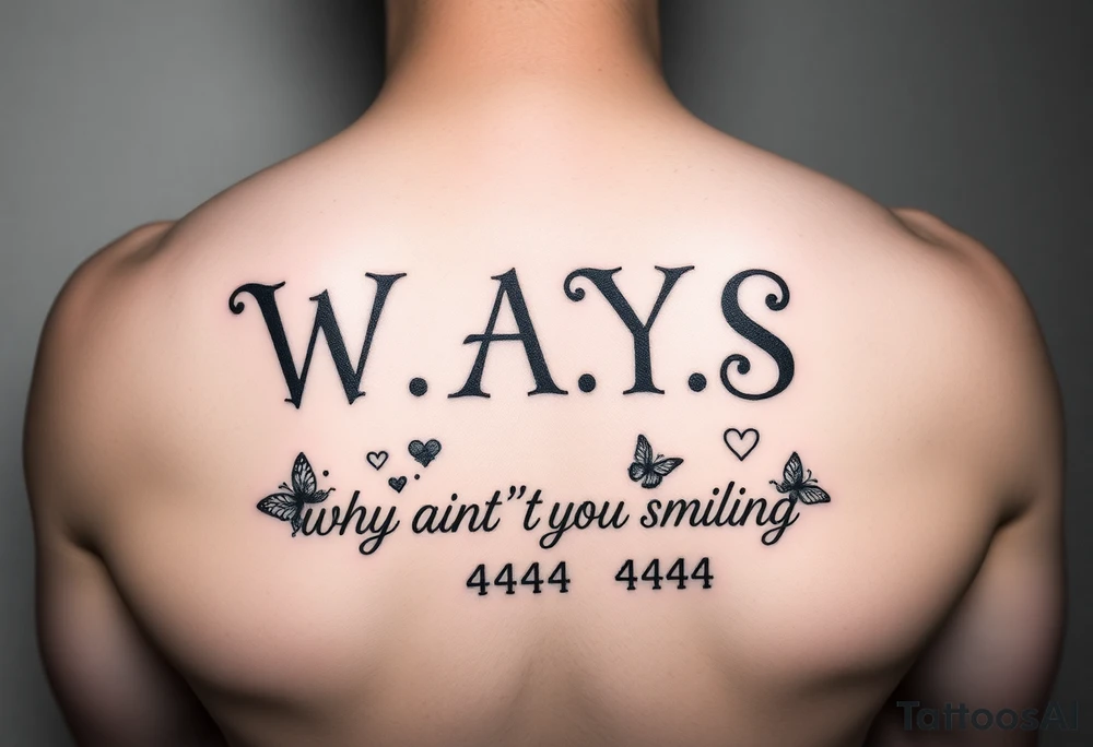 W.A.Y.S spelled out with why aren’t you smiling under neath it with flowers, butterflies and hearts with 444 tattoo idea