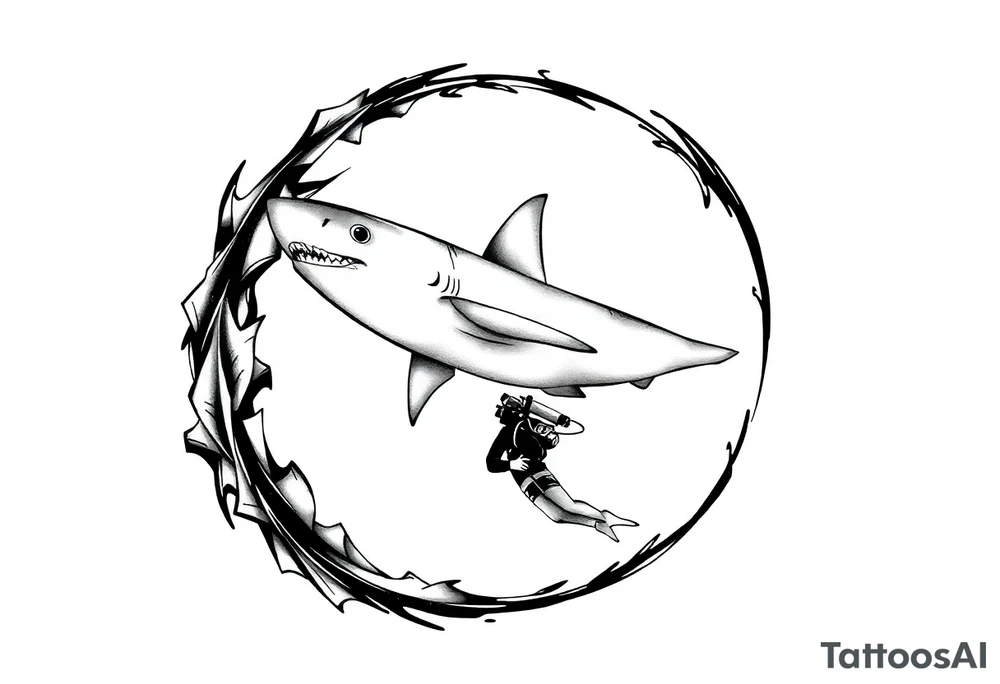 Generate a dive scene including a smaller circling shark and a diver tattoo idea