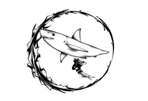 Generate a dive scene including a smaller circling shark and a diver tattoo idea