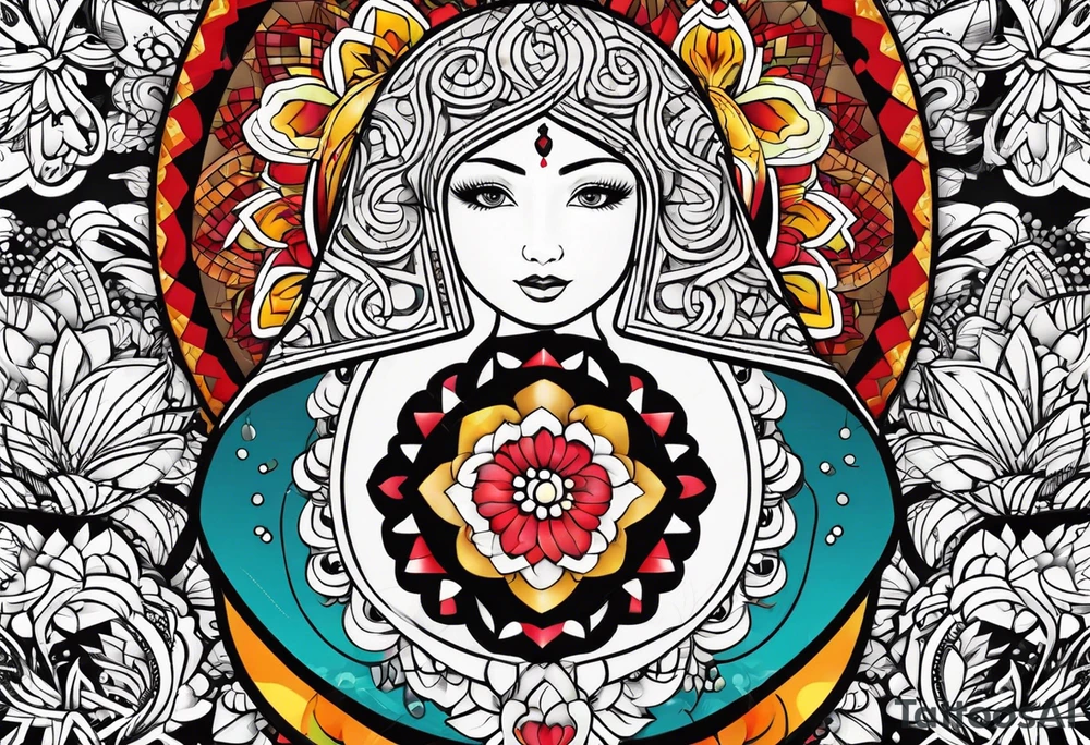 Matryoshka with geometric design,  with large pattern around it tattoo idea