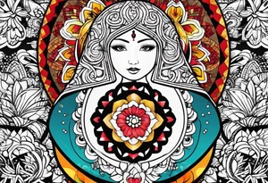 Matryoshka with geometric design,  with large pattern around it tattoo idea