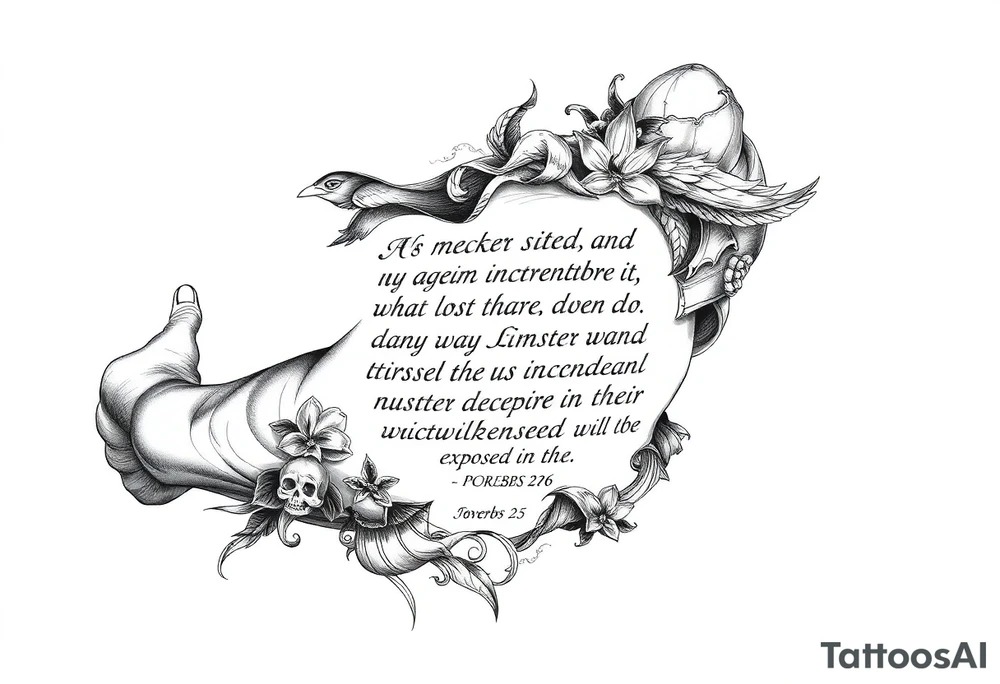 this bible verse proverbs 26: 25-26
He who hates, disguises it with his lips, And lays up deceit within himself,Their hatred may be concealed by deception, but their wickedness will be exposed in the assembly tattoo idea