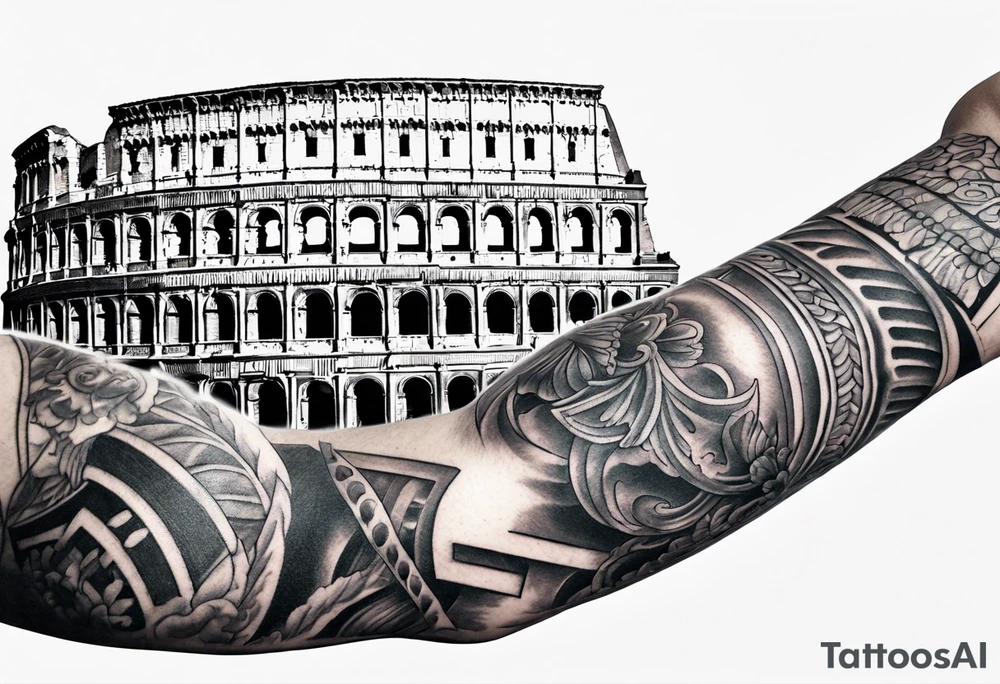 Sleeve tattoo, Roman empire, legionaries, gladiator, Colosseum tattoo idea