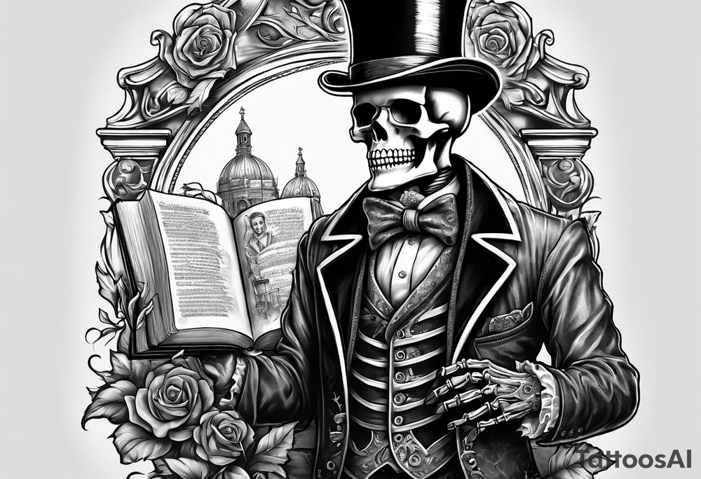 skeleton wearing a top hat holding a bible tattoo idea