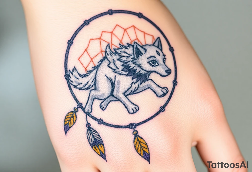 A wolf running through a dreamcatcher, with dreamcatcher threads trailing behind it, giving a sense of movement. The wolf is painted in silver and white, and the threads are in golden yellow and purple. tattoo idea