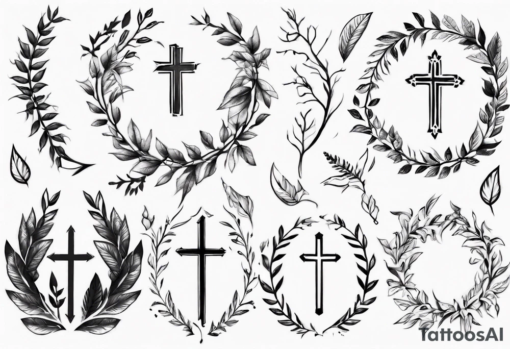 Cross wreath leaves tattoo idea