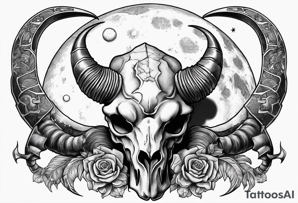 Scorpion crawling on ram skull with moon in background tattoo idea
