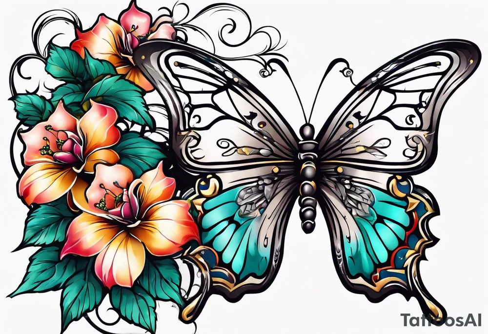 A vine that is rapping around and butterflies and flowers tattoo idea