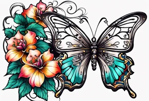 A vine that is rapping around and butterflies and flowers tattoo idea