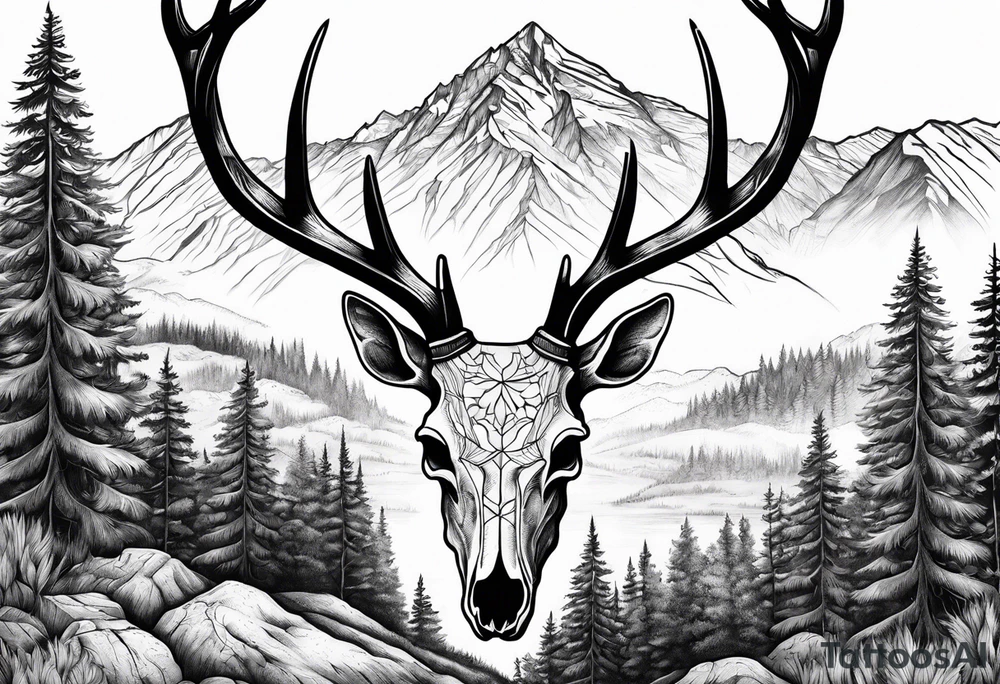 deer skull with mountains and trees tattoo idea