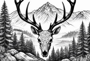 deer skull with mountains and trees tattoo idea