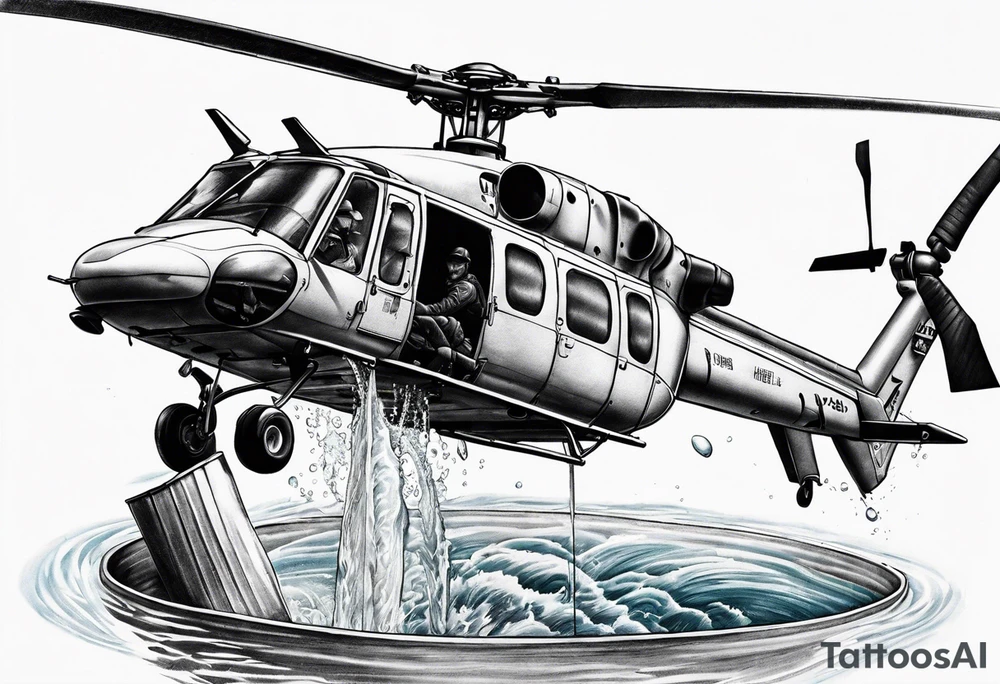 a helicopter dropping water out of a bucket suspended by the helicopter tattoo idea