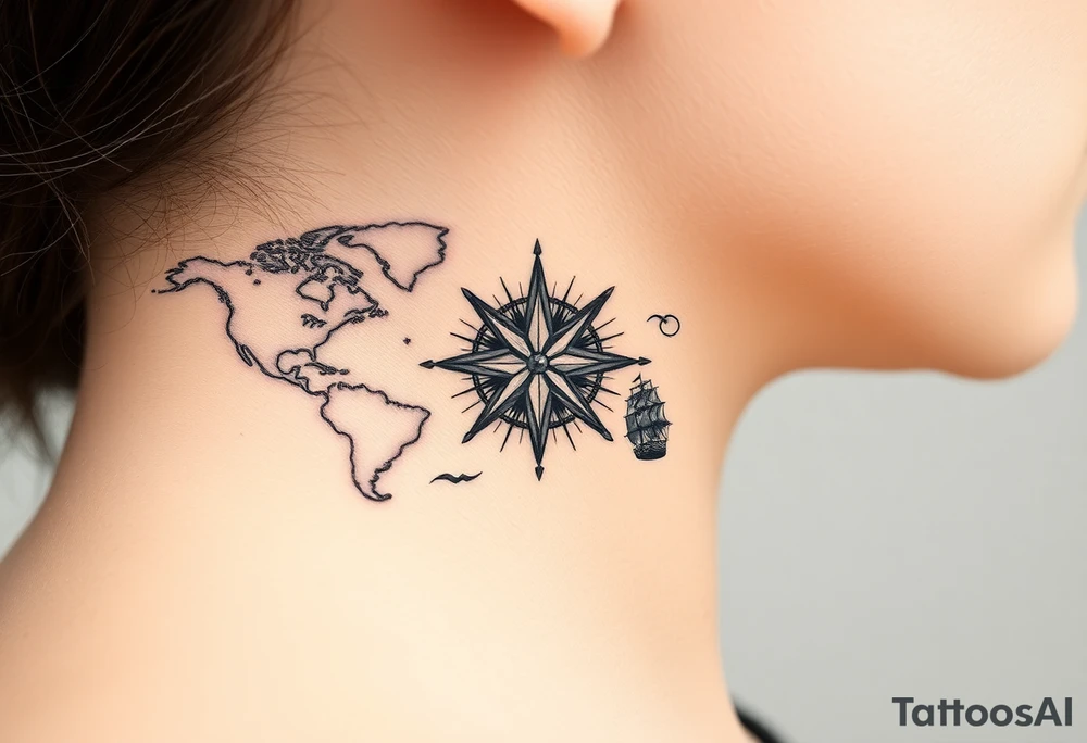 antique compass rose overlaid on weathered world map with sailing ships tattoo idea
