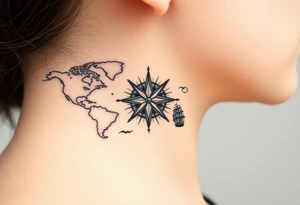 antique compass rose overlaid on weathered world map with sailing ships tattoo idea