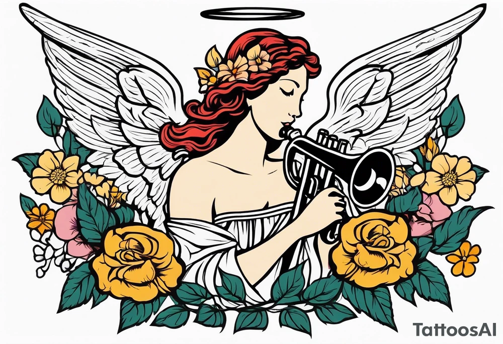 angel with trumpet
old school vintage simple traditional design with vintage flowers surrounding it bold color tattoo idea