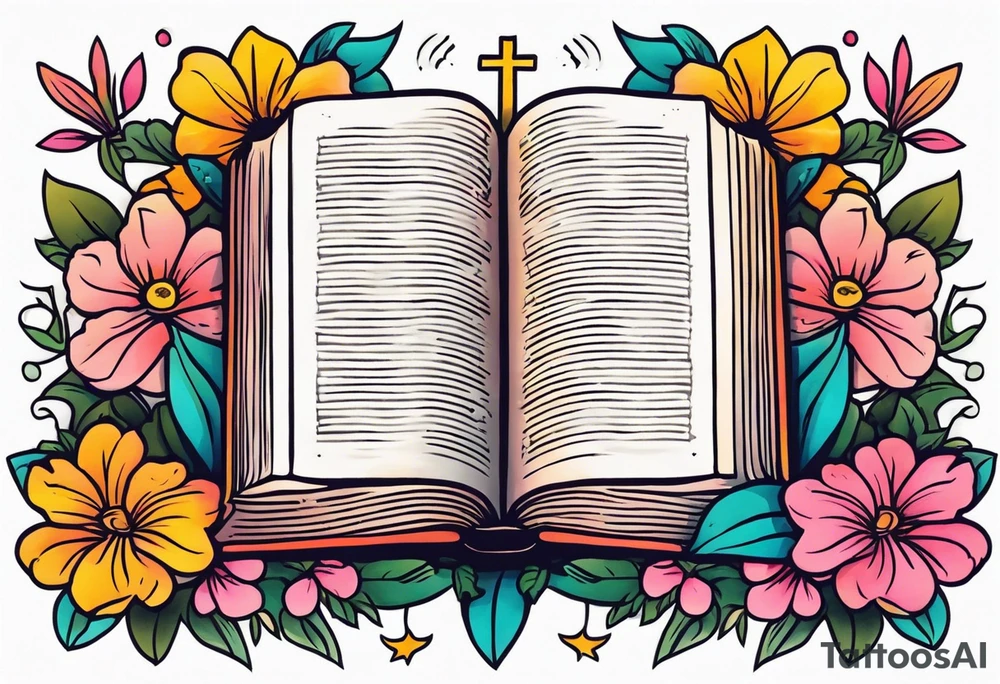 front of bible with cross on bible surrounded by flowers
colorful bold colors tattoo idea