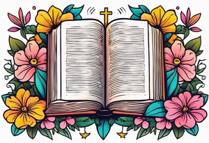 front of bible with cross on bible surrounded by flowers
colorful bold colors tattoo idea