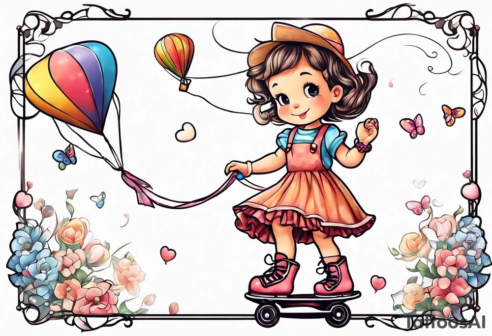 a little girl in a dress standing with a teddy bear in roller skates, flying a kite tattoo idea