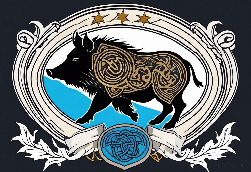 Side profile, Celtic, tribal, wild boar, On a Chatwin family crest with blue background, two gold stars, and a gold Chevron, and a Thistle. With thick black tribal lines. tattoo idea