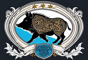 Side profile, Celtic, tribal, wild boar, On a Chatwin family crest with blue background, two gold stars, and a gold Chevron, and a Thistle. With thick black tribal lines. tattoo idea