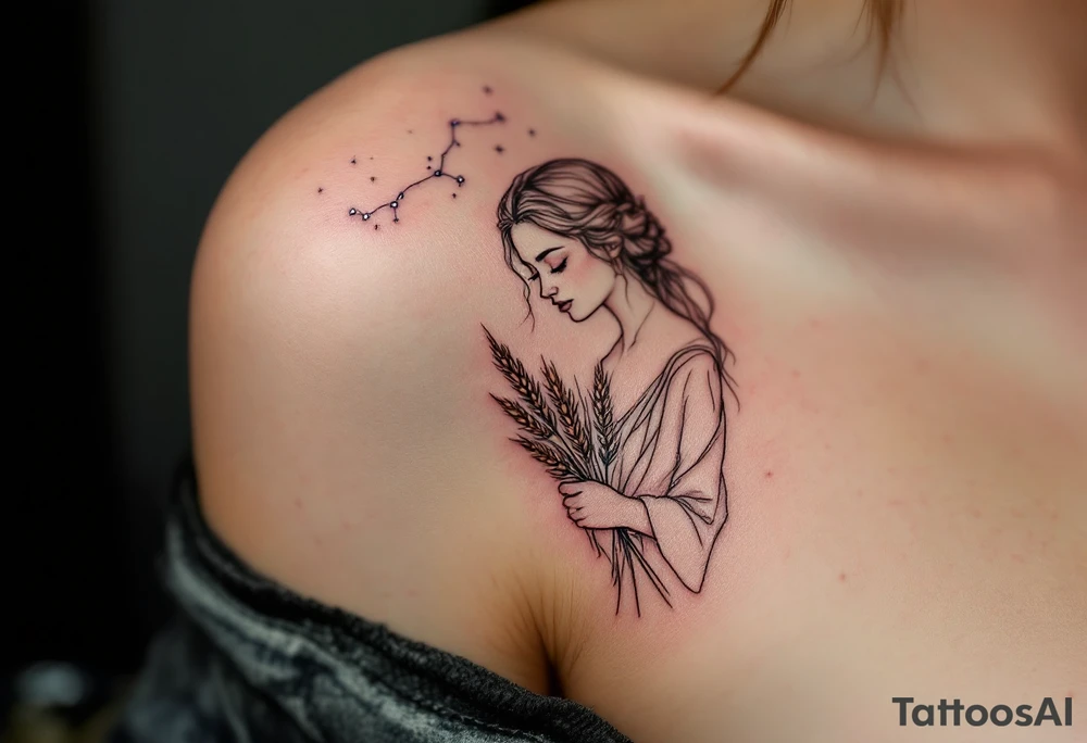 A delicate Virgo constellation in shimmering silver ink rests above a lavender line-art maiden holding wheat. tattoo idea
