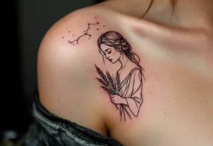 A delicate Virgo constellation in shimmering silver ink rests above a lavender line-art maiden holding wheat. tattoo idea