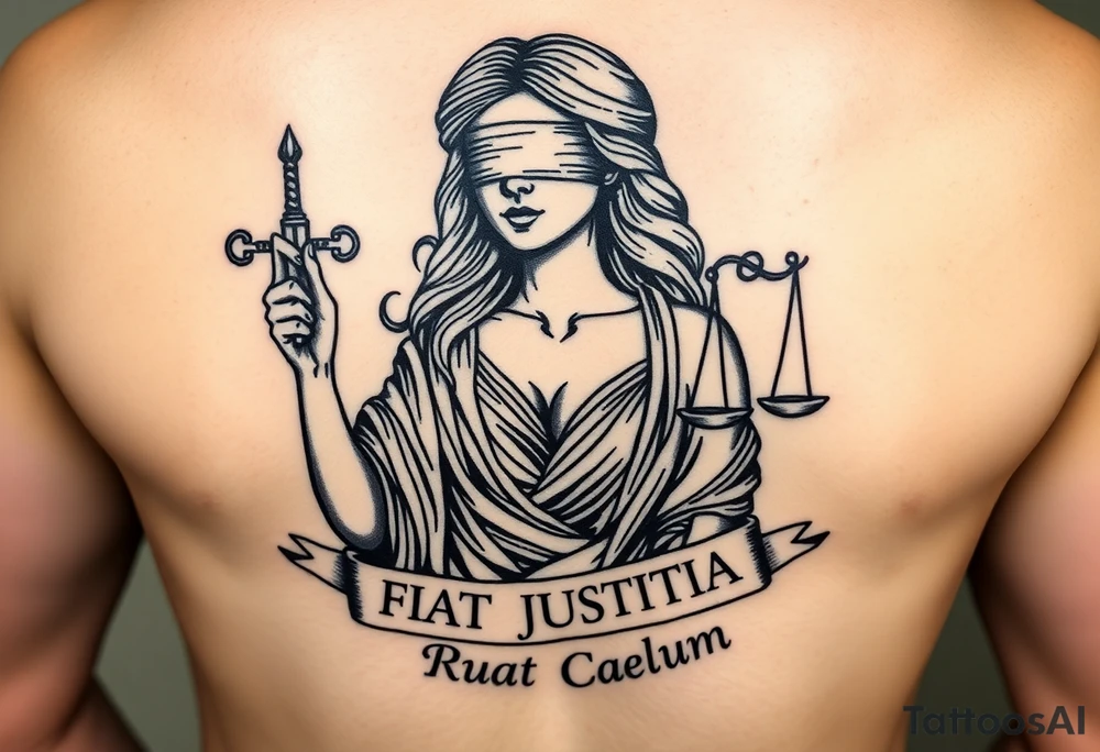 A striking black and grey tattoo design of a regal, blindfolded woman, symbolizing justice. She has an air of strength and wisdom, with flowing hair and a serene yet powerful expression. One breast is exposed, representing vulnerability and truth. She holds a sword in one hand, symbolizing enforcement of justice, and a set of scales in the other, signifying balance. The Latin phrase ‘Fiat Justitia Ruat Caelum’ is elegantly inscribed in a classical, Roman-inspired font, either flowing beneath her or wrapping around the design. The overall style is a fusion of realism and fine-line tattoo artistry, with intricate shading and dramatic contrasts to give depth and texture tattoo idea