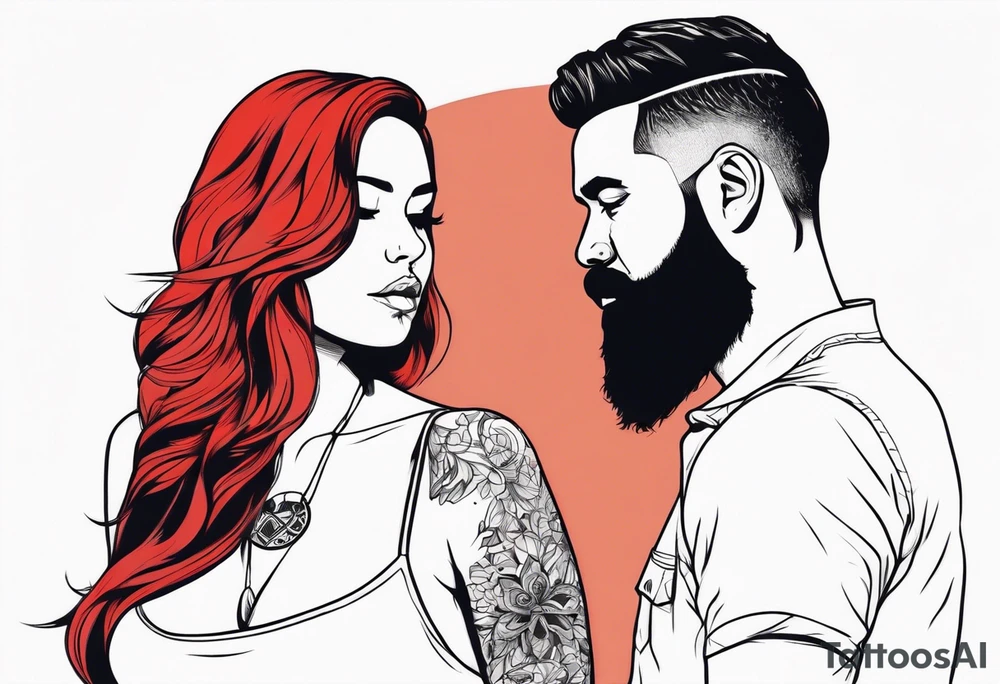 Busty Red haired woman with black haired bearded man tattoo idea
