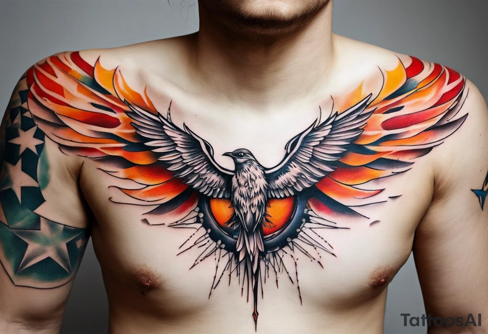 Wide tattoo that appears to be bursting out of the skin, symbolizing freedom. The tattoo should be vibrant and dynamic, with bold lines and colors that evoke a sense of liberation and empowerment. Consider incorporating elements such as sexy girl with wings, broken chains, or other symbols of freedom. The tattoo should be visually striking and thought-provoking, inviting the viewer to reflect on the importance of personal freedom. tattoo idea