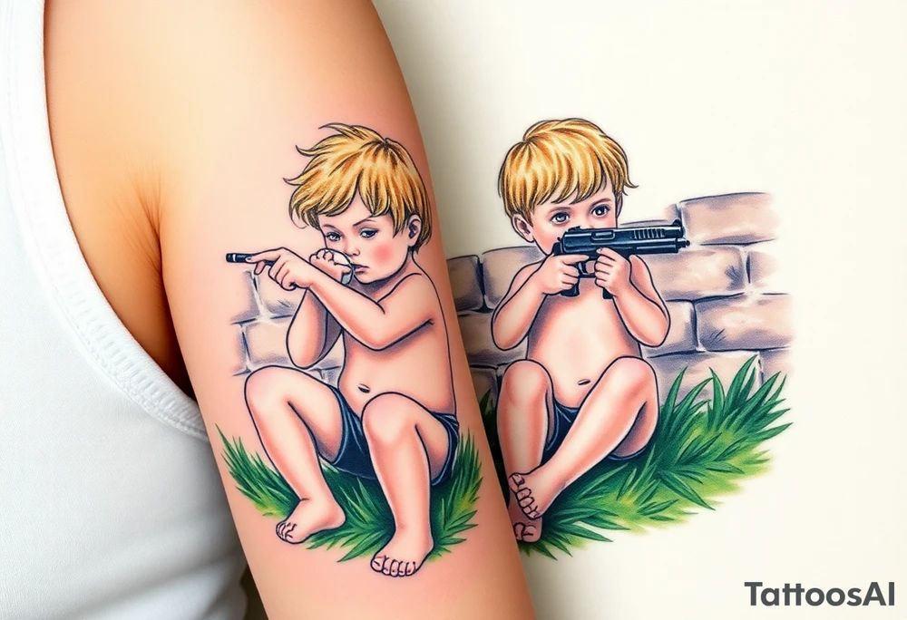Due bambini, in stile realistico, colorato, seduti sull'erba, divisi da un muro di mattoni, uno piange mentre gioca tirando in alto una palla, l'altro ride mentre si spara in bocca con una pistola tattoo idea