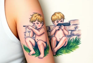 Due bambini, in stile realistico, colorato, seduti sull'erba, divisi da un muro di mattoni, uno piange mentre gioca tirando in alto una palla, l'altro ride mentre si spara in bocca con una pistola tattoo idea