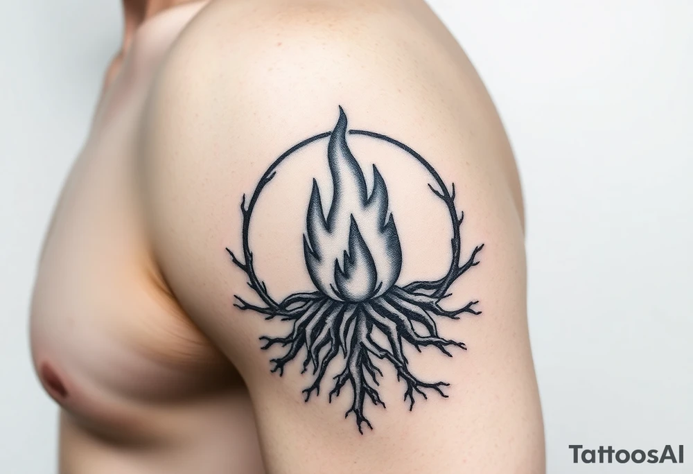 a round flame imprisoned in a roots circle tattoo idea