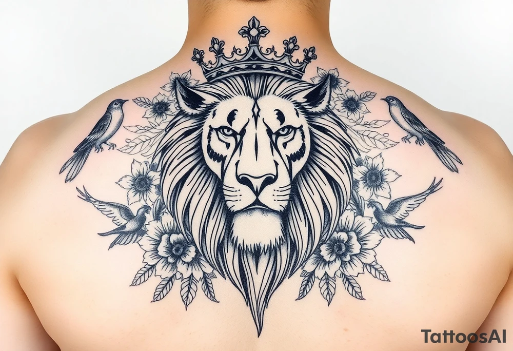 powerful majestic lion with a crown, surrounded by floral ornaments and birds tattoo idea