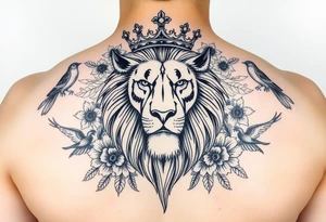 powerful majestic lion with a crown, surrounded by floral ornaments and birds tattoo idea