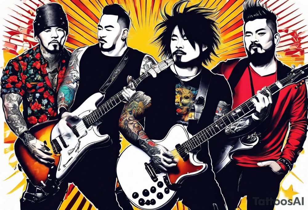 Just 4 fun band with guitar and drums three guys and one lady singer tattoo idea