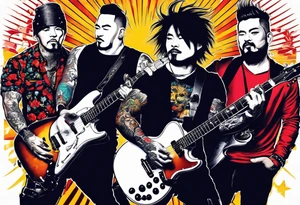 Just 4 fun band with guitar and drums three guys and one lady singer tattoo idea