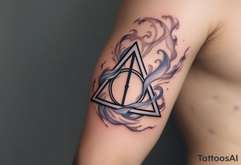 A soft, silvery-gray cloak, flowing around the Deathly Hallows symbol, with faint swirling mist in translucent white and light gray, signifying the cloak’s ability to hide and protect. The cloak shimmers with hints of blue and purple. tattoo idea