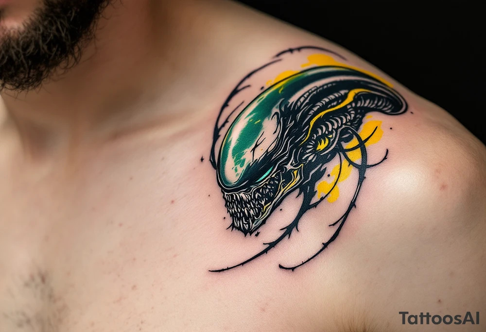 A Xenomorph’s elongated skull blending into abstract tribal patterns, using a dark palette with in green and yellow. tattoo idea