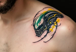 A Xenomorph’s elongated skull blending into abstract tribal patterns, using a dark palette with in green and yellow. tattoo idea