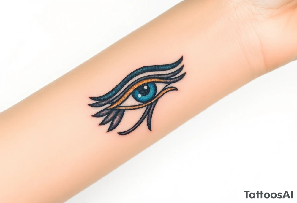 A blue and bronze Eye of Horus, detailed with ancient lines, placed on the forearm for protection and healing. tattoo idea