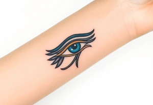 A blue and bronze Eye of Horus, detailed with ancient lines, placed on the forearm for protection and healing. tattoo idea
